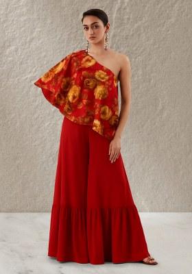 Red Floral Print Satin Fusion Set