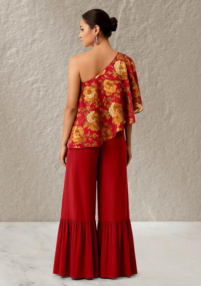 Red Floral Print Satin Fusion Set - Indya