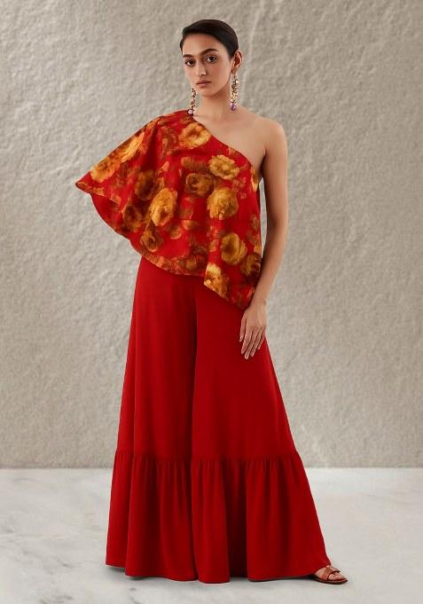 Red Floral Print Satin Fusion Set