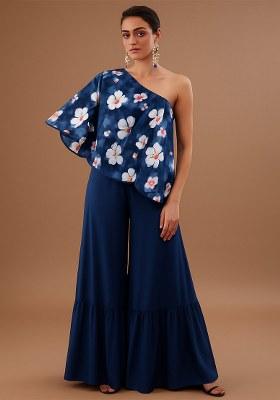 Blue Floral Print Satin Fusion Set