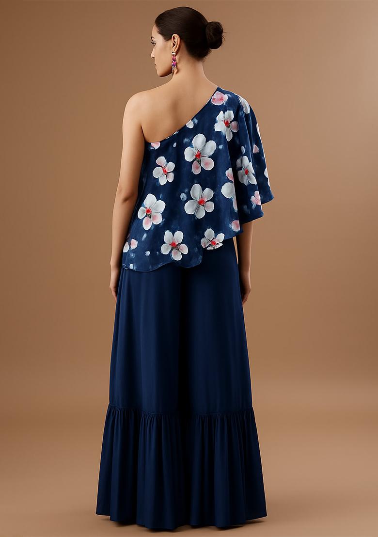 Blue Floral Print Satin Fusion Set - Indya