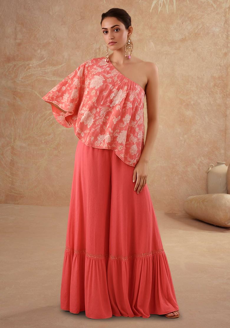 Orange Floral Print Satin Fusion Set - Indya