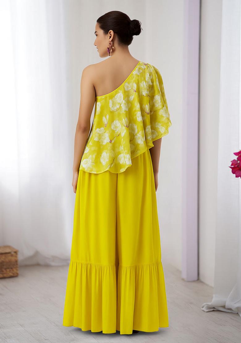 Yellow Floral Print Satin Fusion Set - Indya