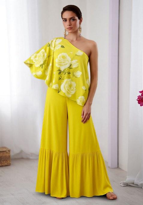Yellow Floral Print Satin Fusion Set