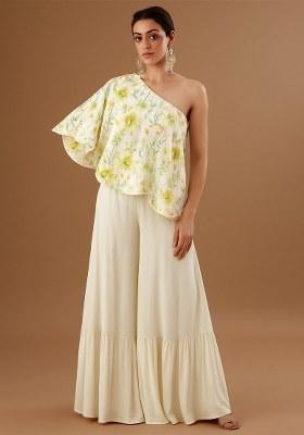 Yellow Floral Print Satin Fusion Set