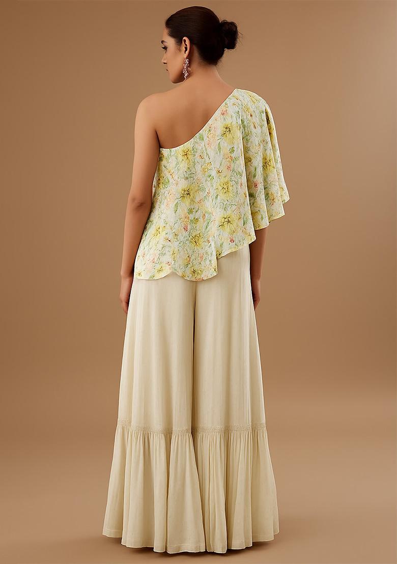 Yellow Floral Print Satin Fusion Set - Indya