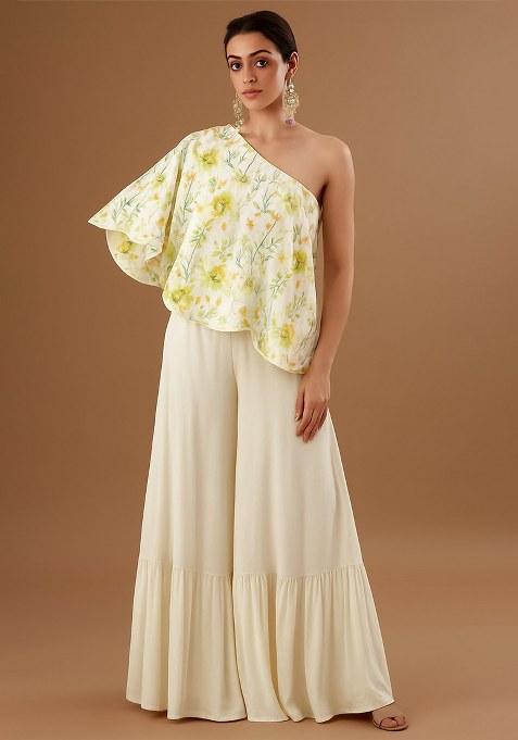 Yellow Floral Print Satin Fusion Set