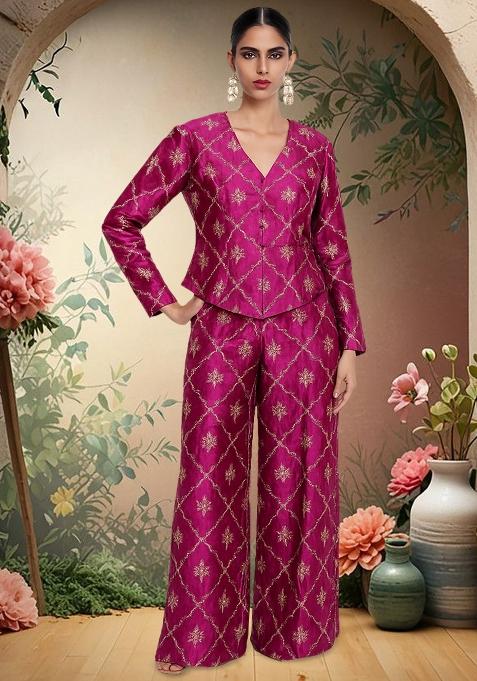 Wine Emroidered Silk Fusion Set