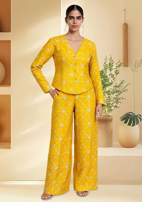 Yellow Emroidered Silk Fusion Set