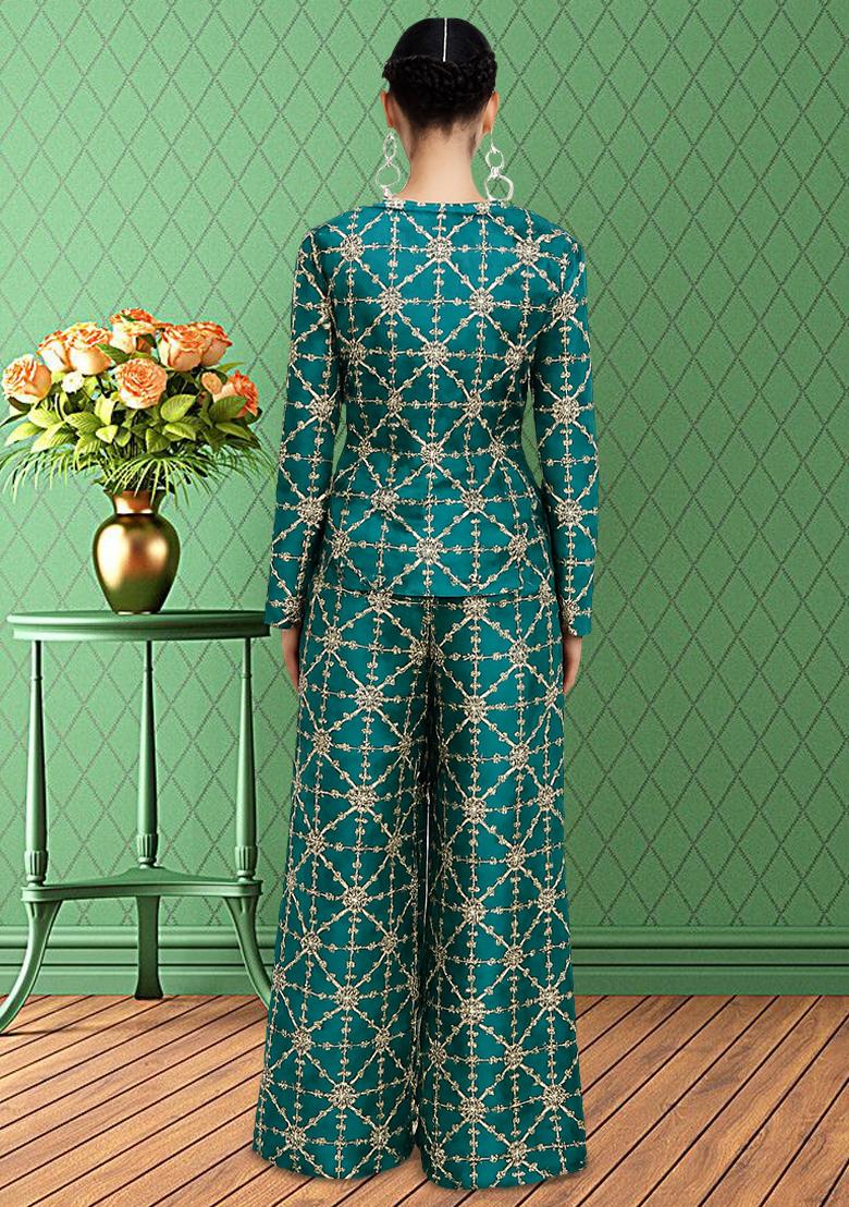 Green Emroidered Silk Fusion Set - Indya