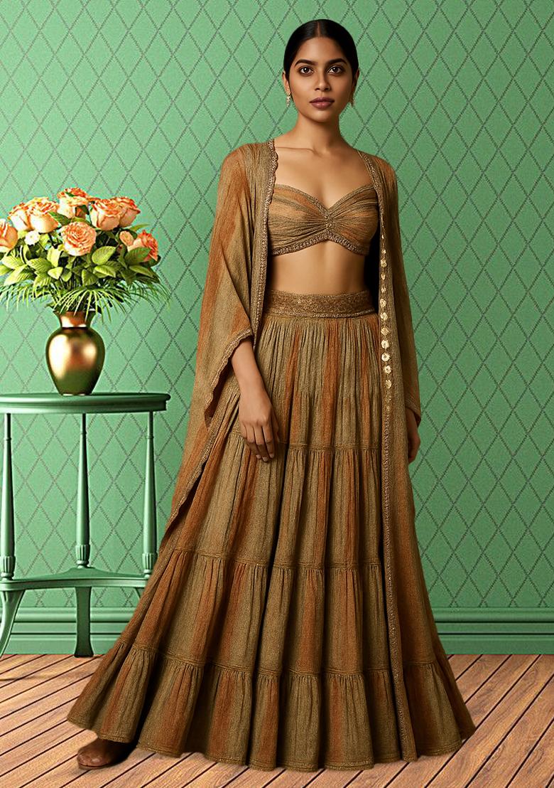 Multicolor Tissue Textured Lehenga Set