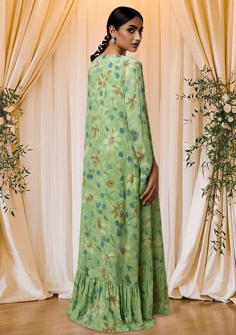 Light Green Tissue Floral Printed Lehenga Set