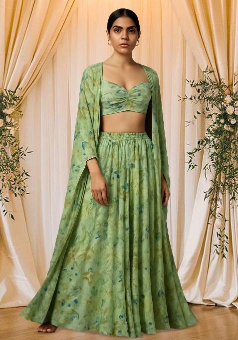 Light Green Tissue Floral Printed Lehenga Set