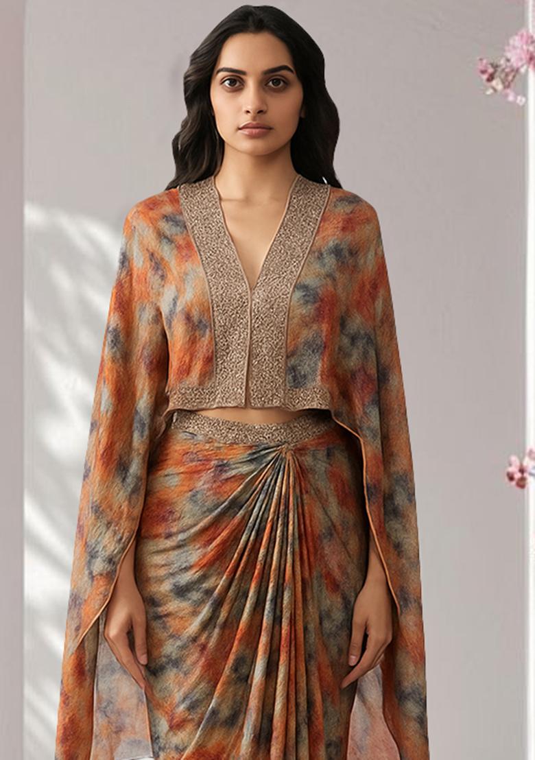 Multicolor Chiffon Floral Printed Fusion Set - Indya