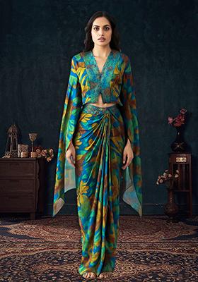 Blue Chiffon Abstract Printed Fusion Set