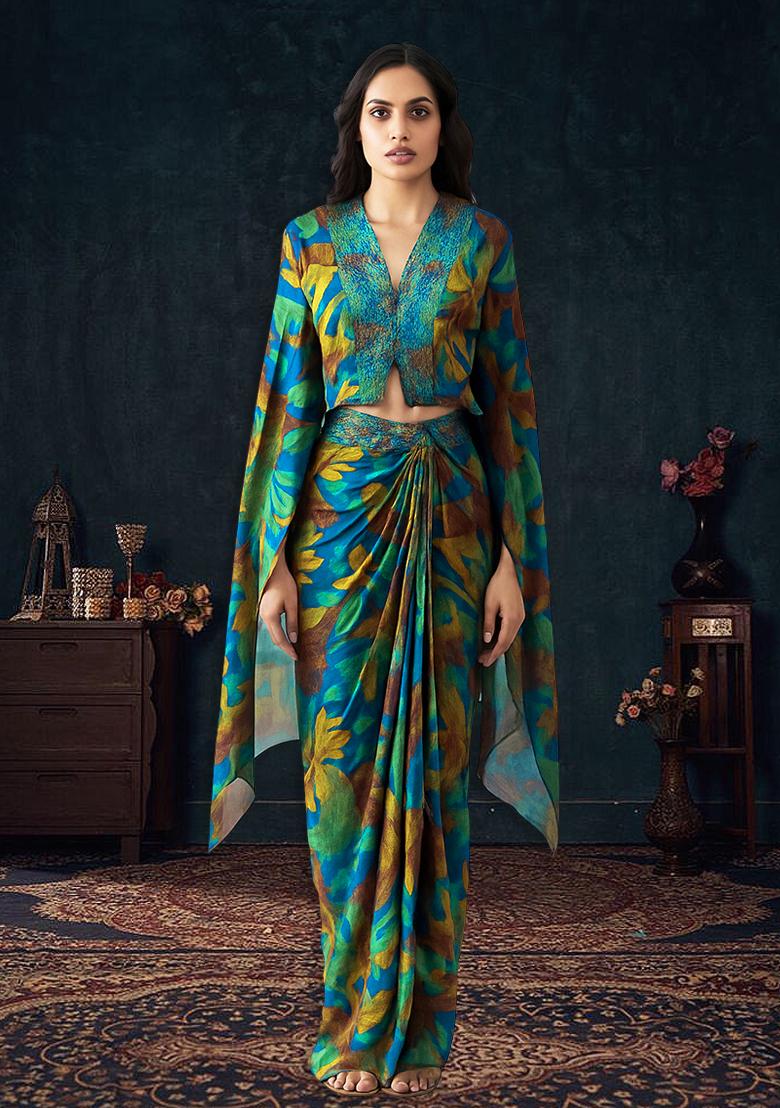 Blue Chiffon Abstract Printed Fusion Set - Indya