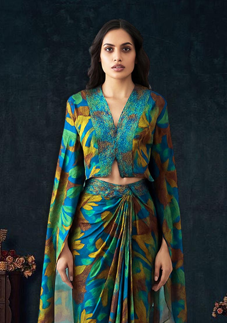 Blue Chiffon Abstract Printed Fusion Set - Indya
