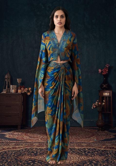 Blue Chiffon Abstract Printed Fusion Set