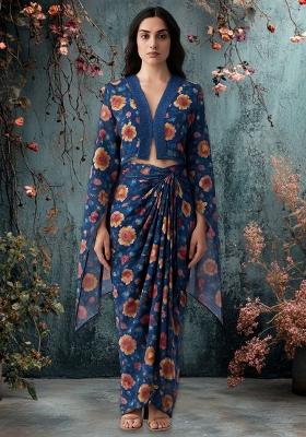 Blue Chiffon Floral Printed Fusion Set