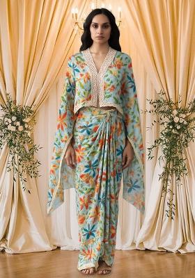 Pastel Blue Chiffon Floral Printed Fusion Set