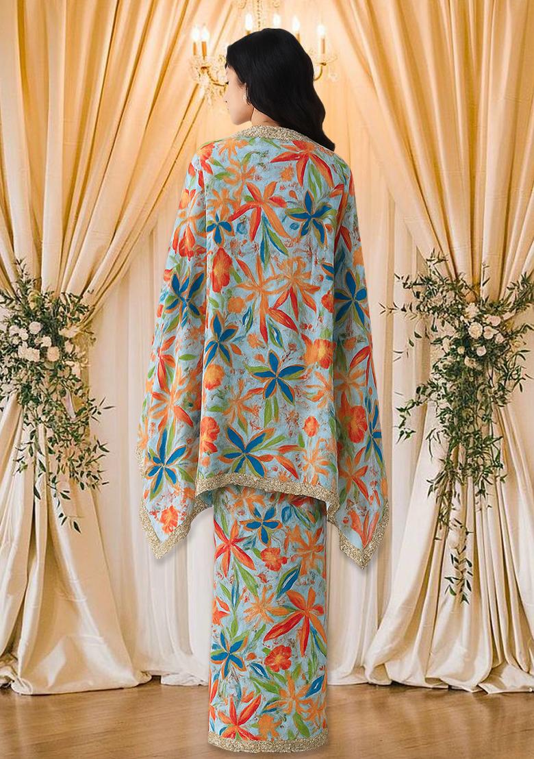 Pastel Blue Chiffon Floral Printed Fusion Set - Indya