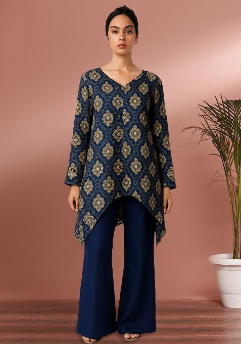 Blue Silk Satin Embroidered Fusion Set
