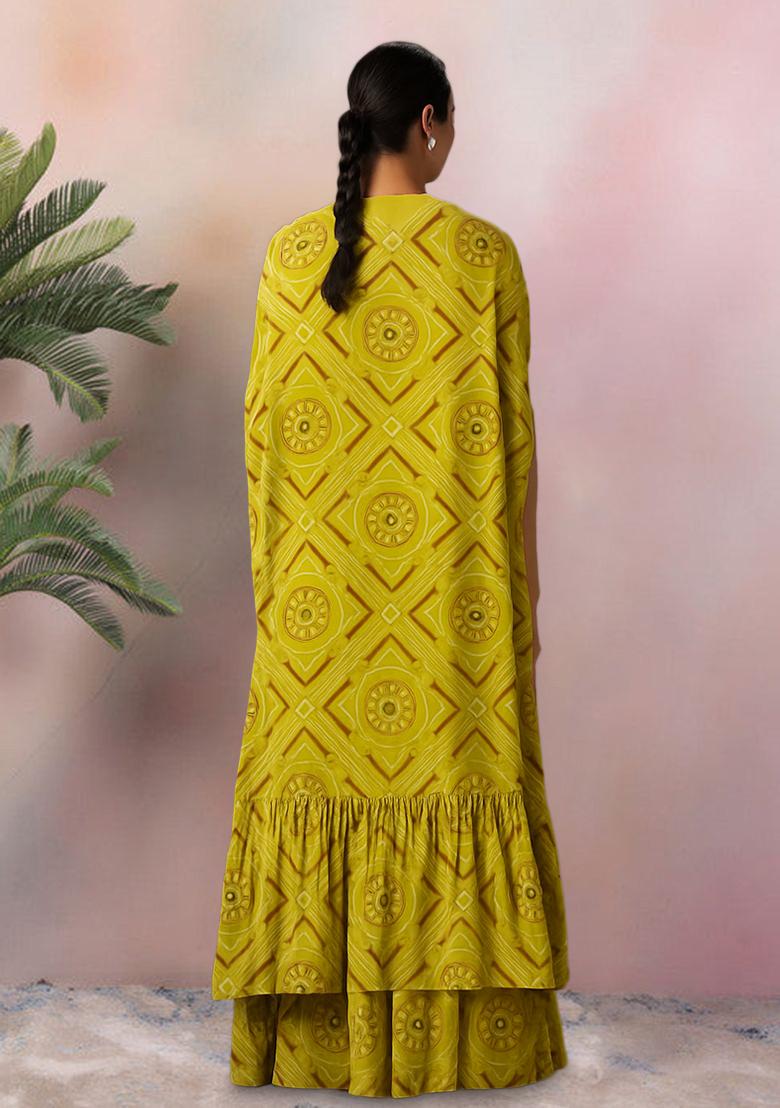 Light Green Bandhani Print Crepe Fusion Set - Indya