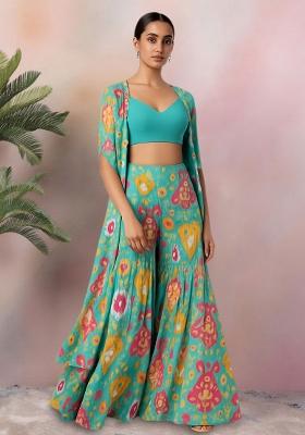 Turquoise Blue Ikat Print Crepe Fusion Set