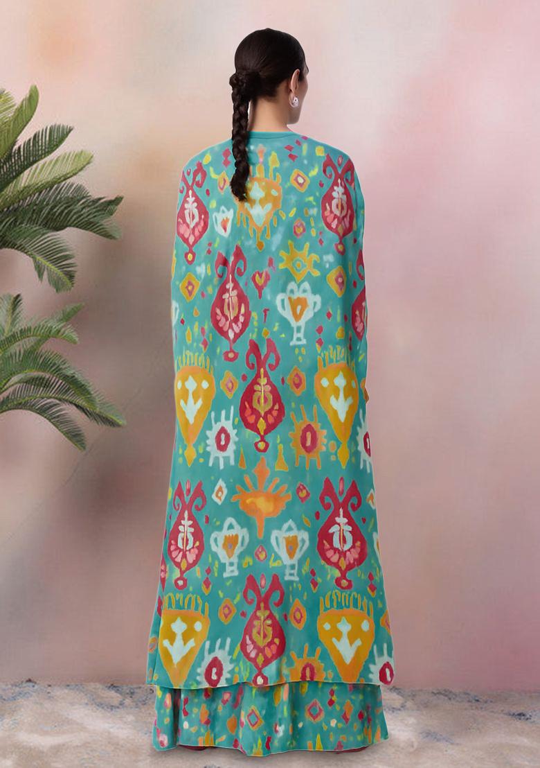 Turquoise Blue Ikat Print Crepe Fusion Set - Indya
