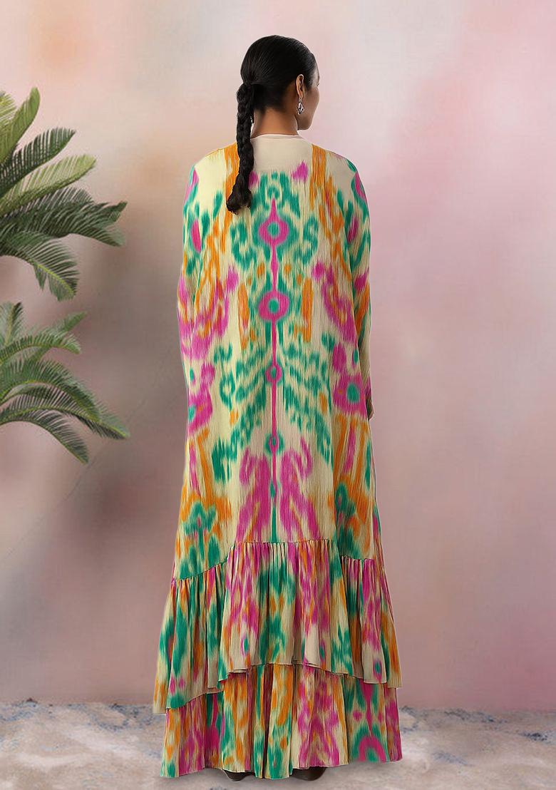 Multicolor Ikat Print Crepe Fusion Set - Indya