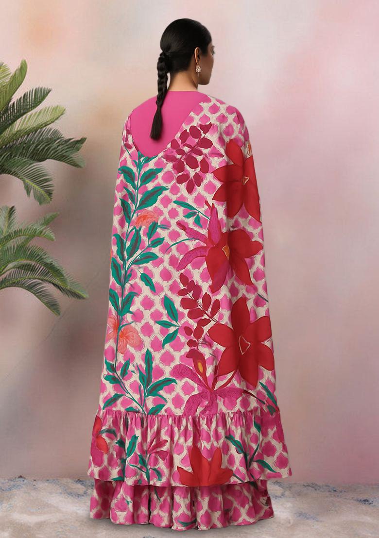Pink Floral Print Crepe Fusion Set - Indya