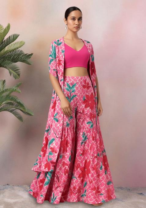 Pink Floral Print Crepe Fusion Set