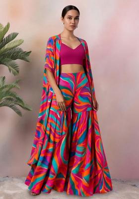 Multicolor Abstract Print Crepe Fusion Set