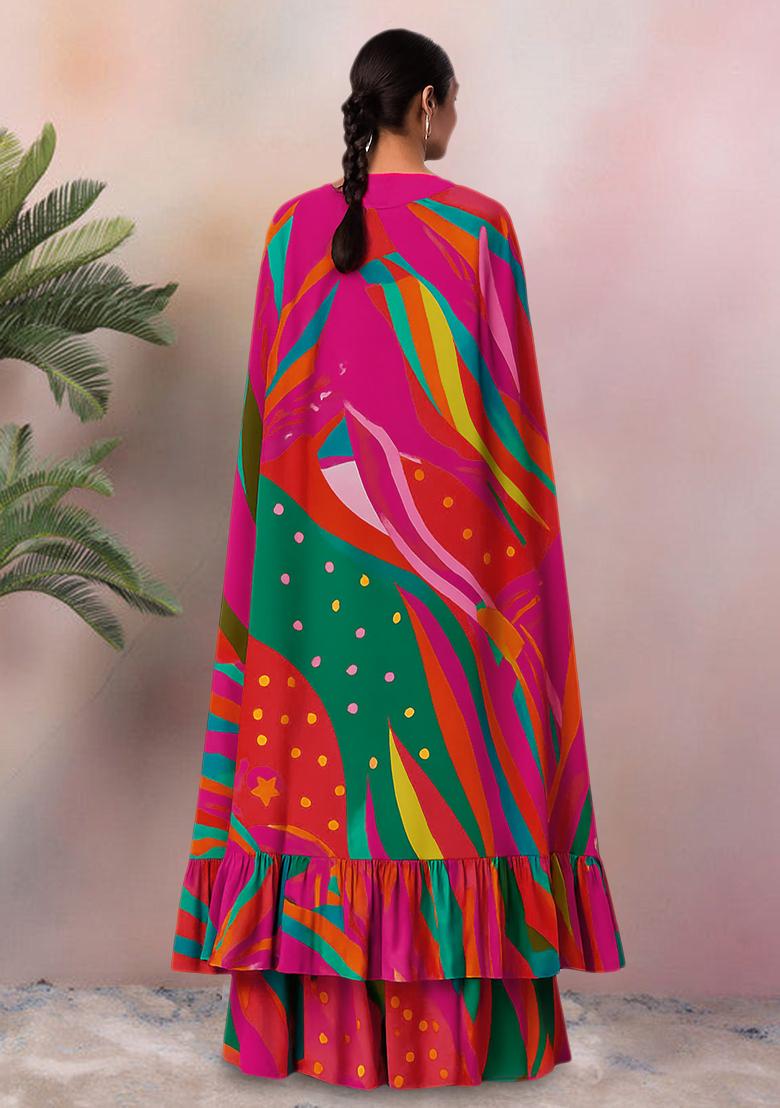 Multicolor Abstract Print Crepe Fusion Set - Indya