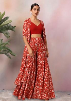 Red Floral Print Georgette Fusion Set