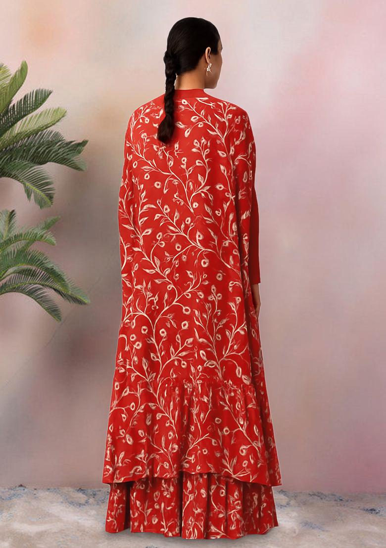 Red Floral Print Georgette Fusion Set - Indya