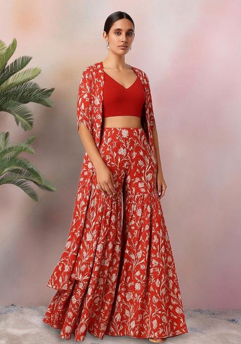 Red Floral Print Georgette Fusion Set