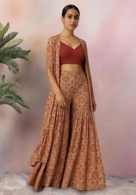 Beige Floral Print Georgette Fusion Set