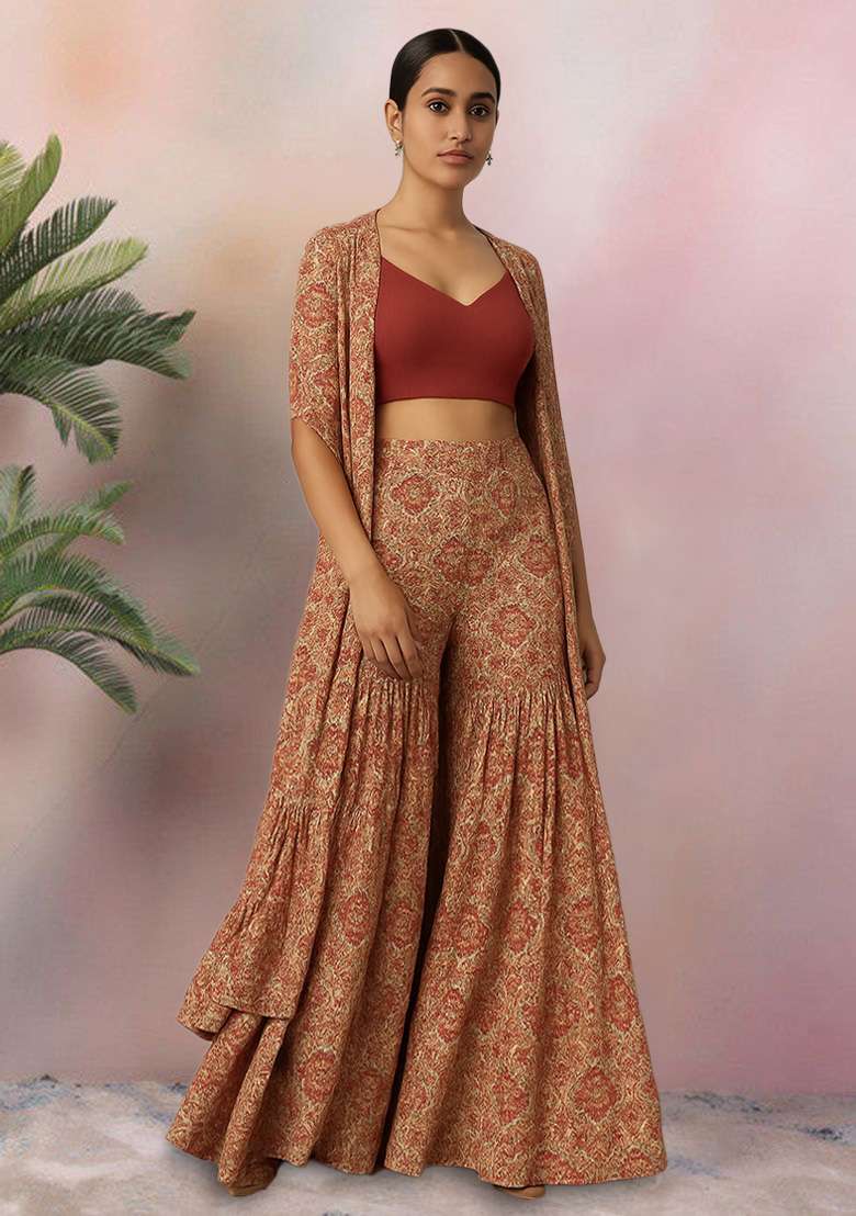 Beige Floral Print Georgette Fusion Set - Indya