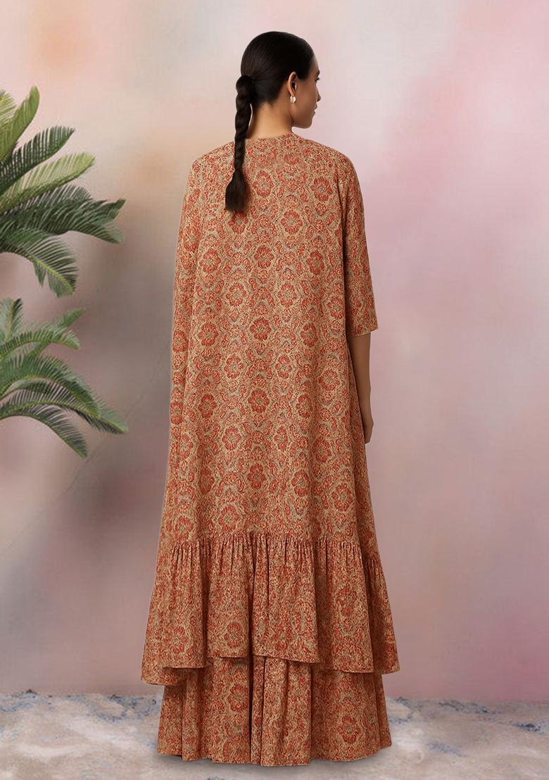 Beige Floral Print Georgette Fusion Set - Indya