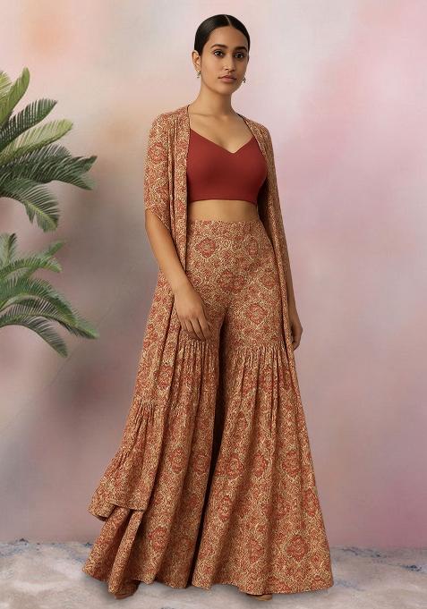 Beige Floral Print Georgette Fusion Set