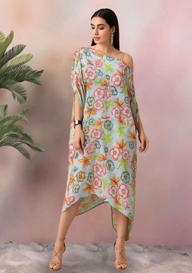 Pastel Blue Chinon Fusion Set with Floral Print for Diwali | Wedding & Festive Wear - Indya