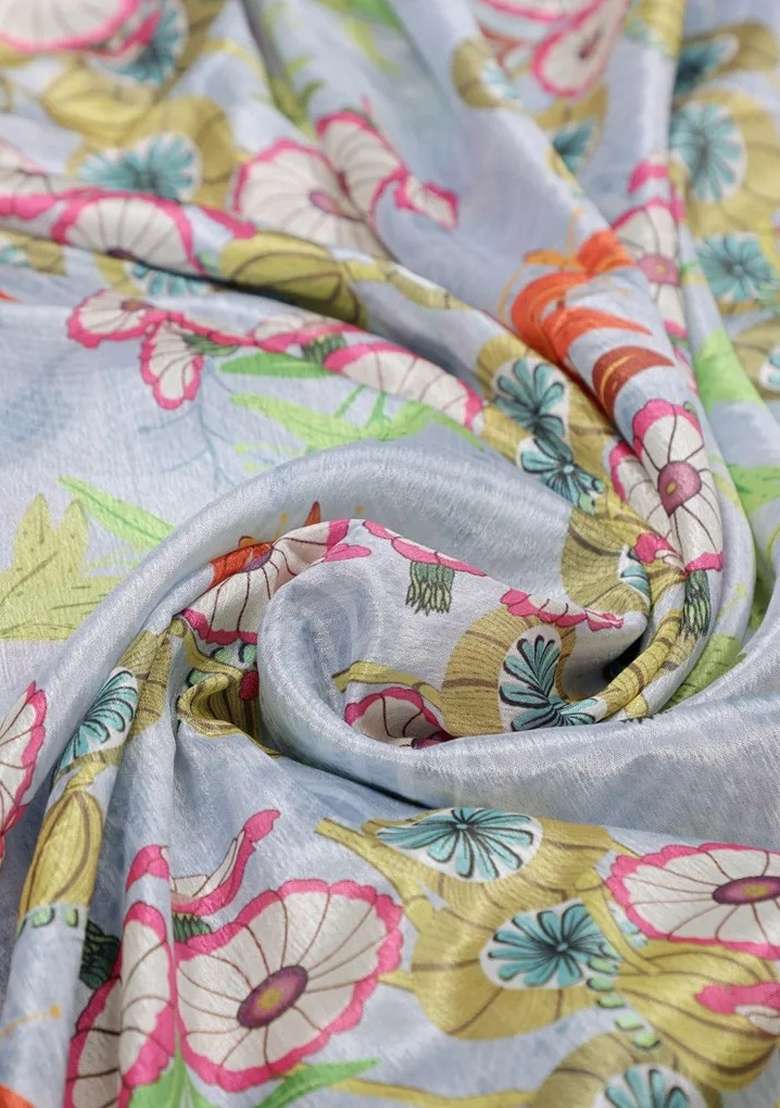 Pastel Blue Chinon Fusion Set with Floral Print for Diwali | Wedding & Festive Wear - Indya