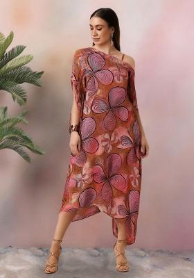 Brown And Pink Floral Print Chinon Fusion Set