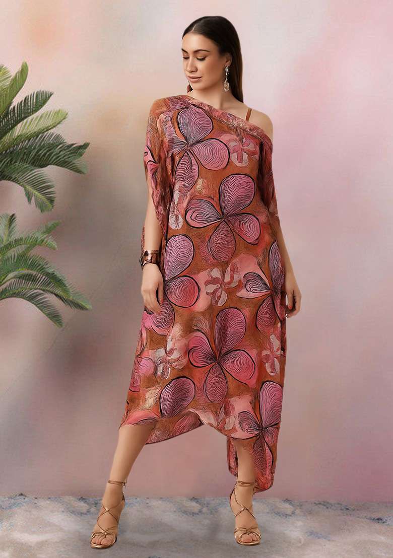 Brown And Pink Chinon Fusion Set with Floral Print for Diwali | Wedding & Festive Wear - Indya