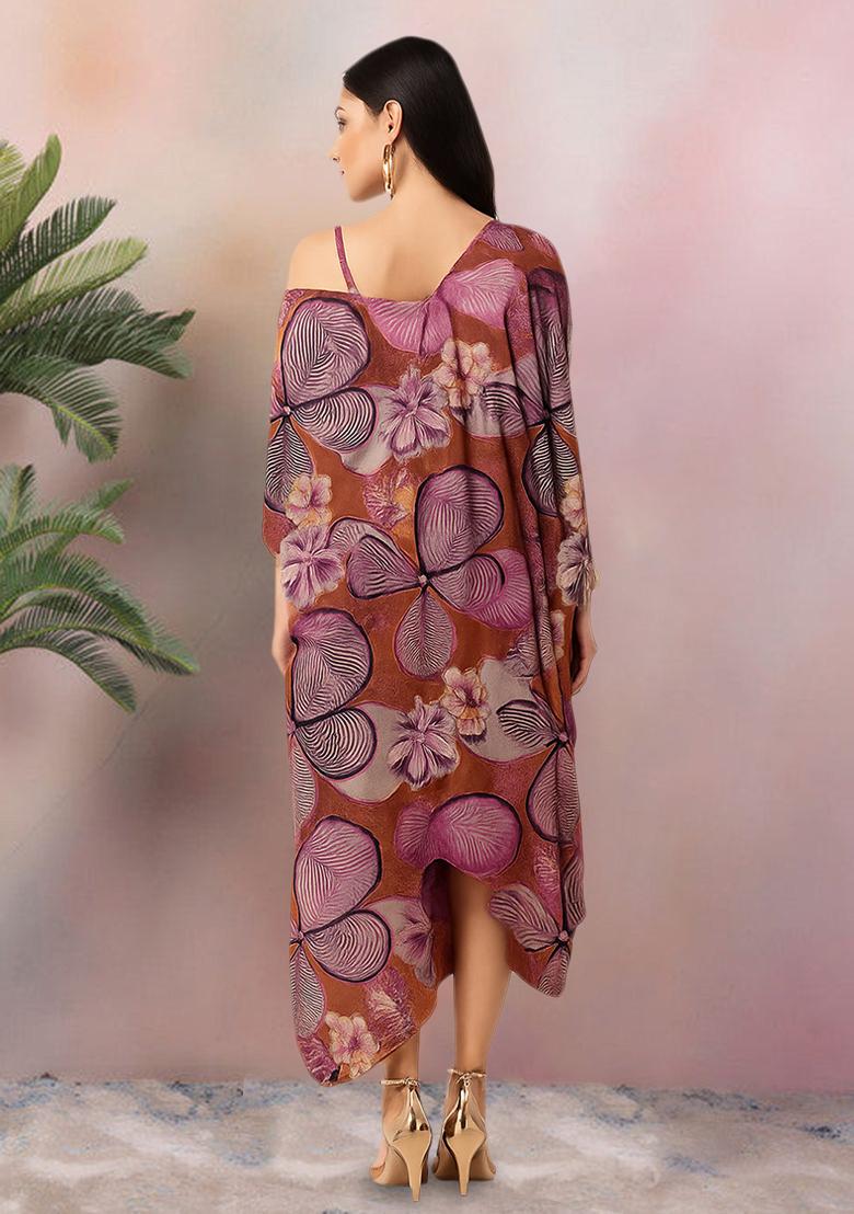 Brown And Pink Floral Print Chinon Fusion Set - Indya