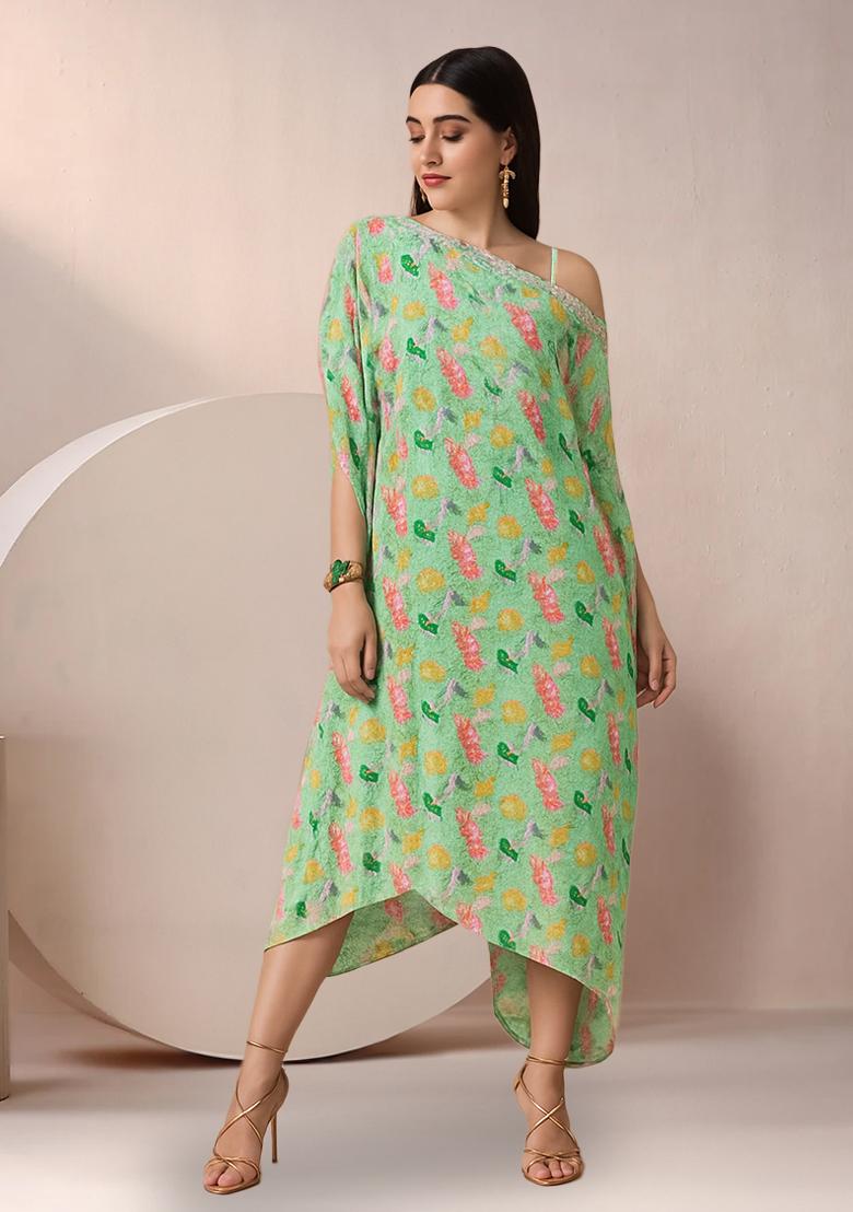 Mint Green Floral Print Chinon Fusion Set - Indya