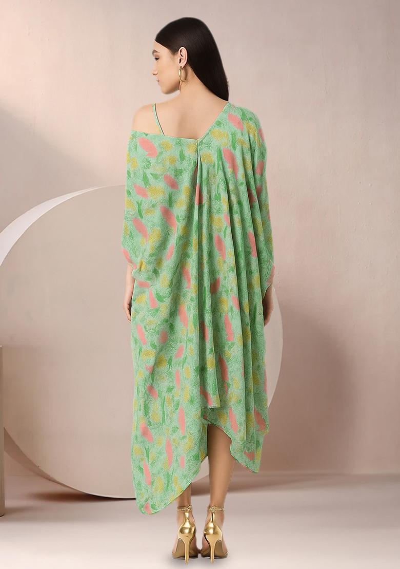 Mint Green Floral Print Chinon Fusion Set - Indya