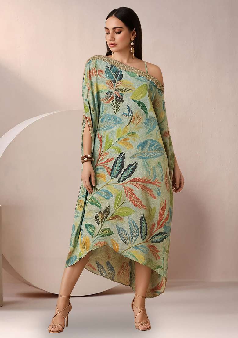 Light Green Tropical Leaf Print Chinon Fusion Set for Diwali and Festive Wear - Indya