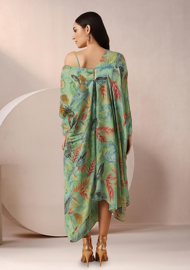 Light Green Tropical Leaf Print Chinon Fusion Set - Indya
